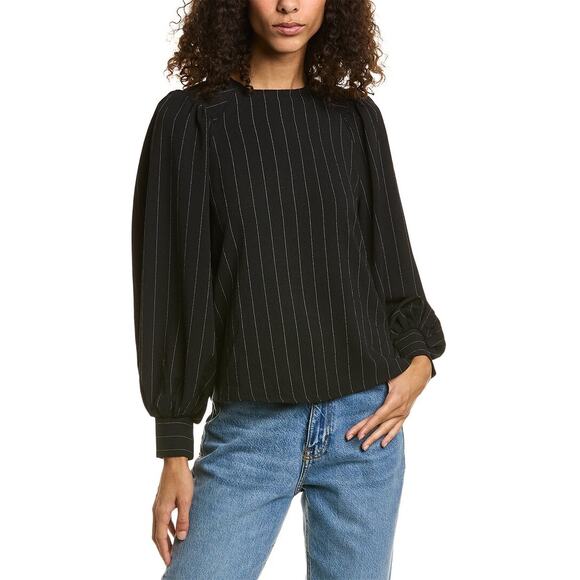 Ganni Black White Striped Crepe Long Puff Sleeve High Neck Blouse 36/US SM/LG - Picture 1 of 14